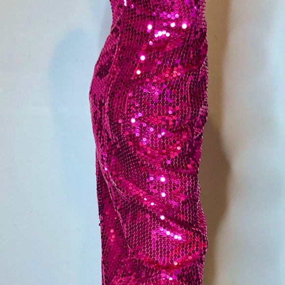 Vtg 80s Sequined Fuchsia Pink w/Silver Strapless Wiggle Evening Pageant Gown~2 - Picture 4 of 13